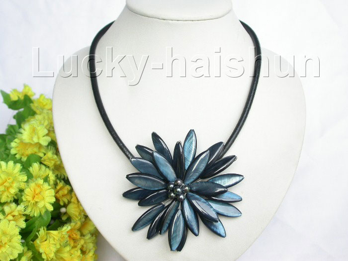 bloom navy blue pearl choker leather necklace j7433  