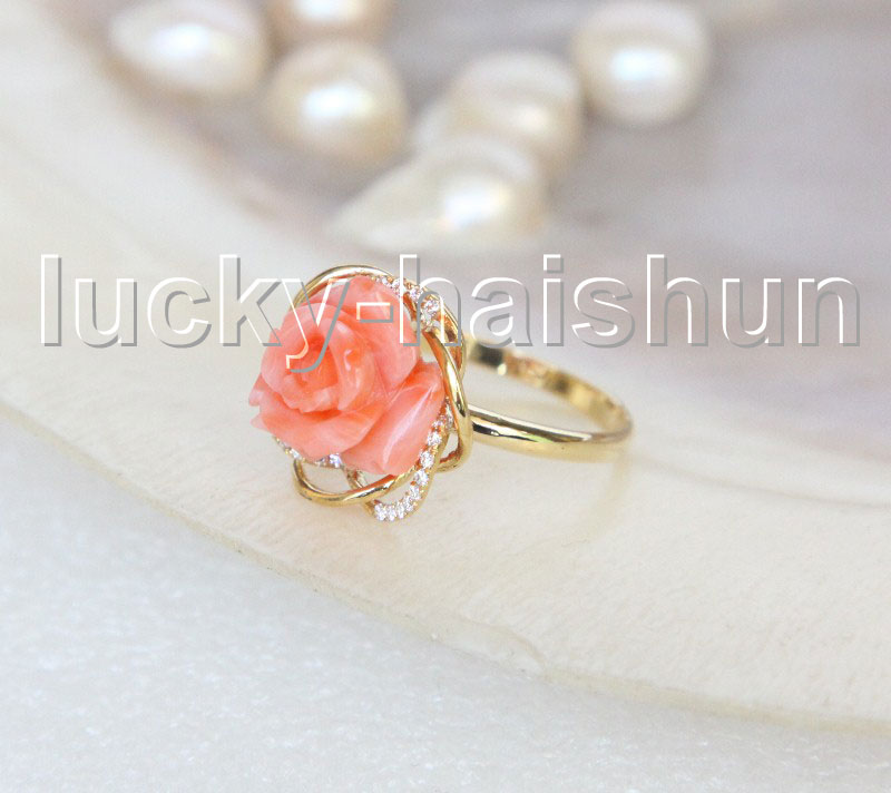 NEW Genuine 15mm carved rose pink coral Rings 14K solid gold 8 ...